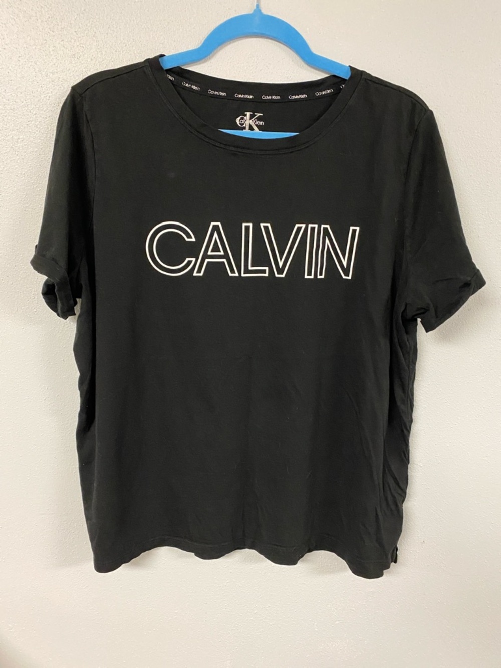 Calvin Klein Black Tee with White 'CALVIN' Outline Logo. Size XXL